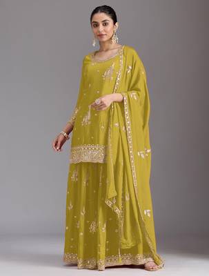 Olive green embroidered chinon semi-stitched palazzo style salwar suit 1