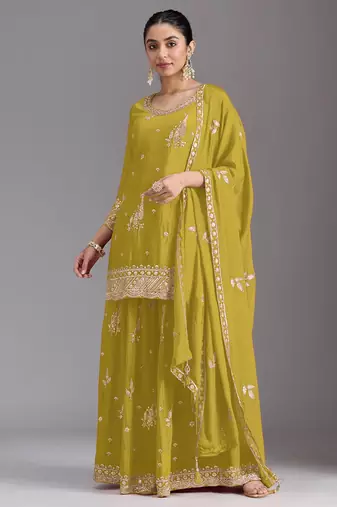 Olive green embroidered chinon semi-stitched palazzo style salwar suit