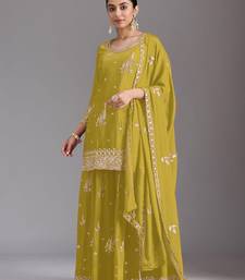 Olive green embroidered chinon semi-stitched palazzo style salwar suit