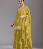 Olive green embroidered chinon semi-stitched palazzo style salwar suit