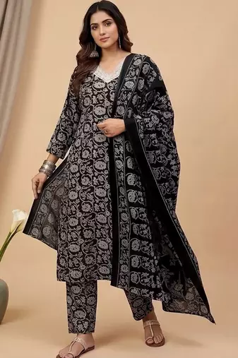Women Ethnic Motifs Printed Regular Thread Work Kurta with Trousers & With Dupatta