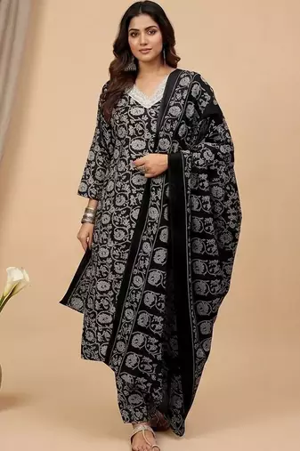 Women Ethnic Motifs Printed Regular Thread Work Kurta with Trousers & With Dupatta