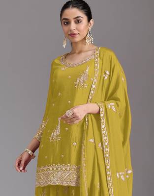 Olive green embroidered chinon semi-stitched palazzo style salwar suit 2