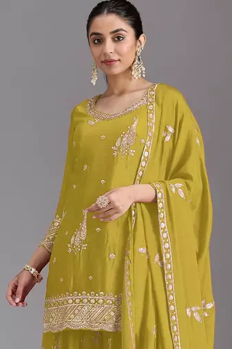 Olive green embroidered chinon semi-stitched palazzo style salwar suit