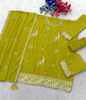 Olive green embroidered chinon semi-stitched palazzo style salwar suit 3