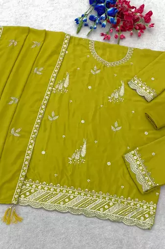 Olive green embroidered chinon semi-stitched palazzo style salwar suit