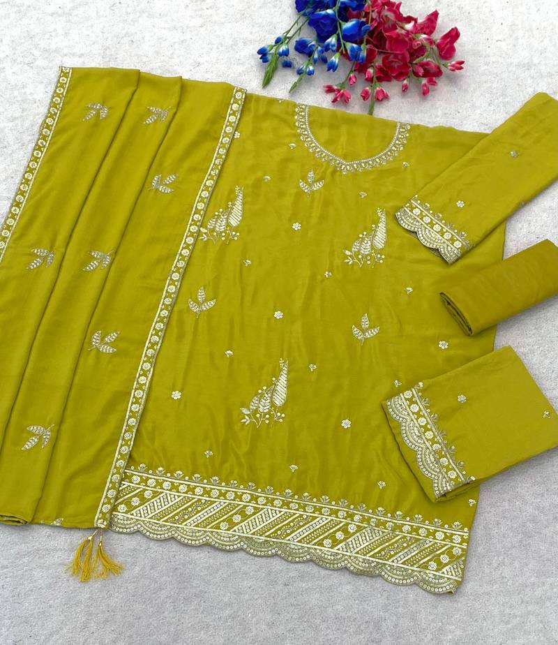 Olive green embroidered chinon semi-stitched palazzo style salwar suit