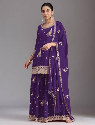 Royal purple embroidered chinon semi-stitched palazzo style salwar suit 1