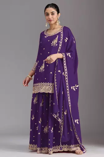 Royal purple embroidered chinon semi-stitched palazzo style salwar suit