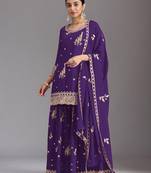 Royal purple embroidered chinon semi-stitched palazzo style salwar suit