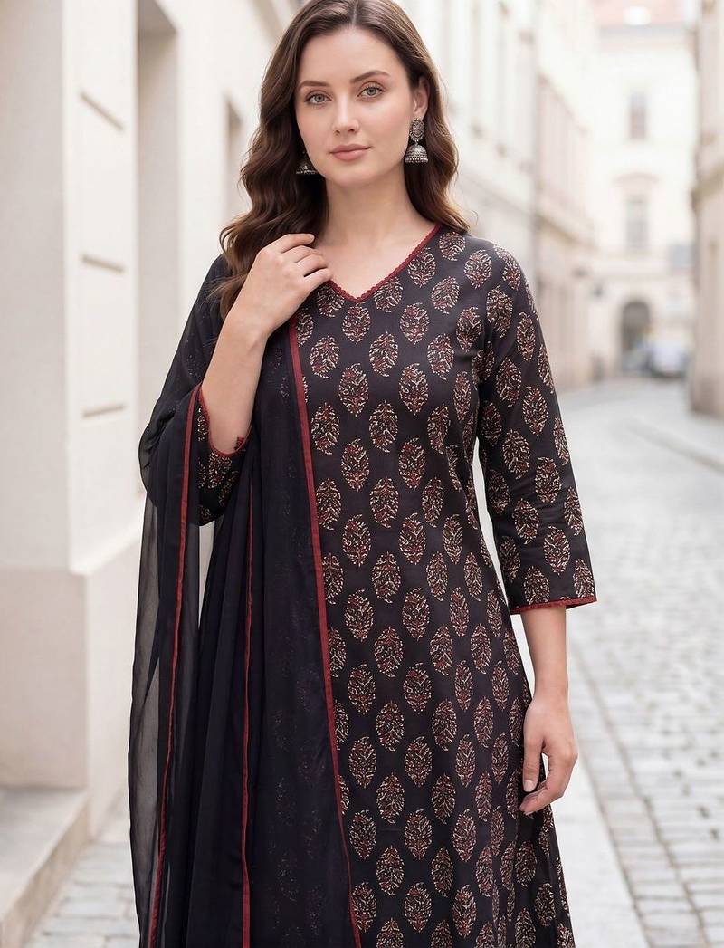 Women Ethnic Motifs Printed Regular Pure Cotton Kurta with Trousers & With Dupatta