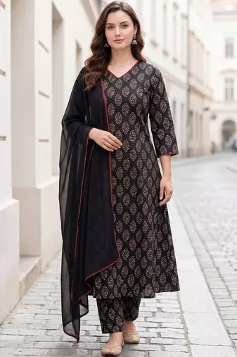 Women Ethnic Motifs Printed Regular Pure Cotton Kurta with Trousers & With Dupatta
