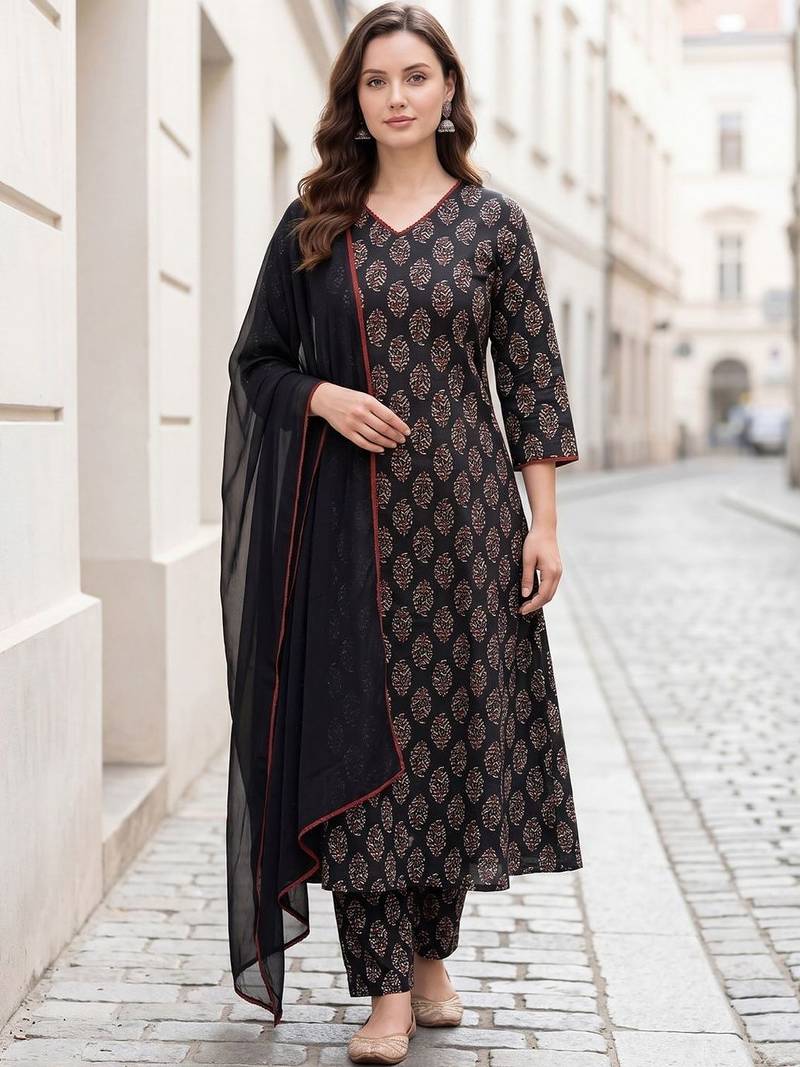 Women Ethnic Motifs Printed Regular Pure Cotton Kurta with Trousers & With Dupatta