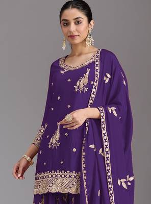 Royal purple embroidered chinon semi-stitched palazzo style salwar suit 2