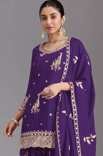 Royal purple embroidered chinon semi-stitched palazzo style salwar suit