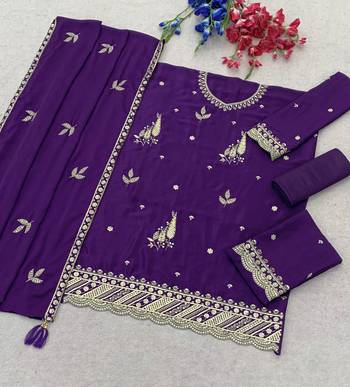 Royal purple embroidered chinon semi-stitched palazzo style salwar suit 3