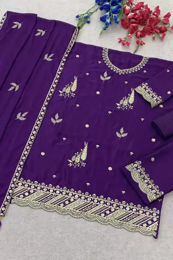 Royal purple embroidered chinon semi-stitched palazzo style salwar suit
