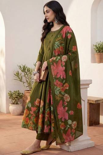 Women Floral Empire Thread Work Pure Cotton Kurta with Trousers & With Dupatta