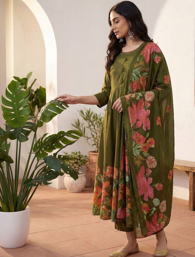 Women Floral Empire Thread Work Pure Cotton Kurta with Trousers & With Dupatta