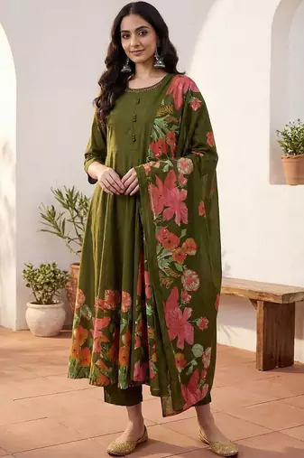 Women Floral Empire Thread Work Pure Cotton Kurta with Trousers & With Dupatta