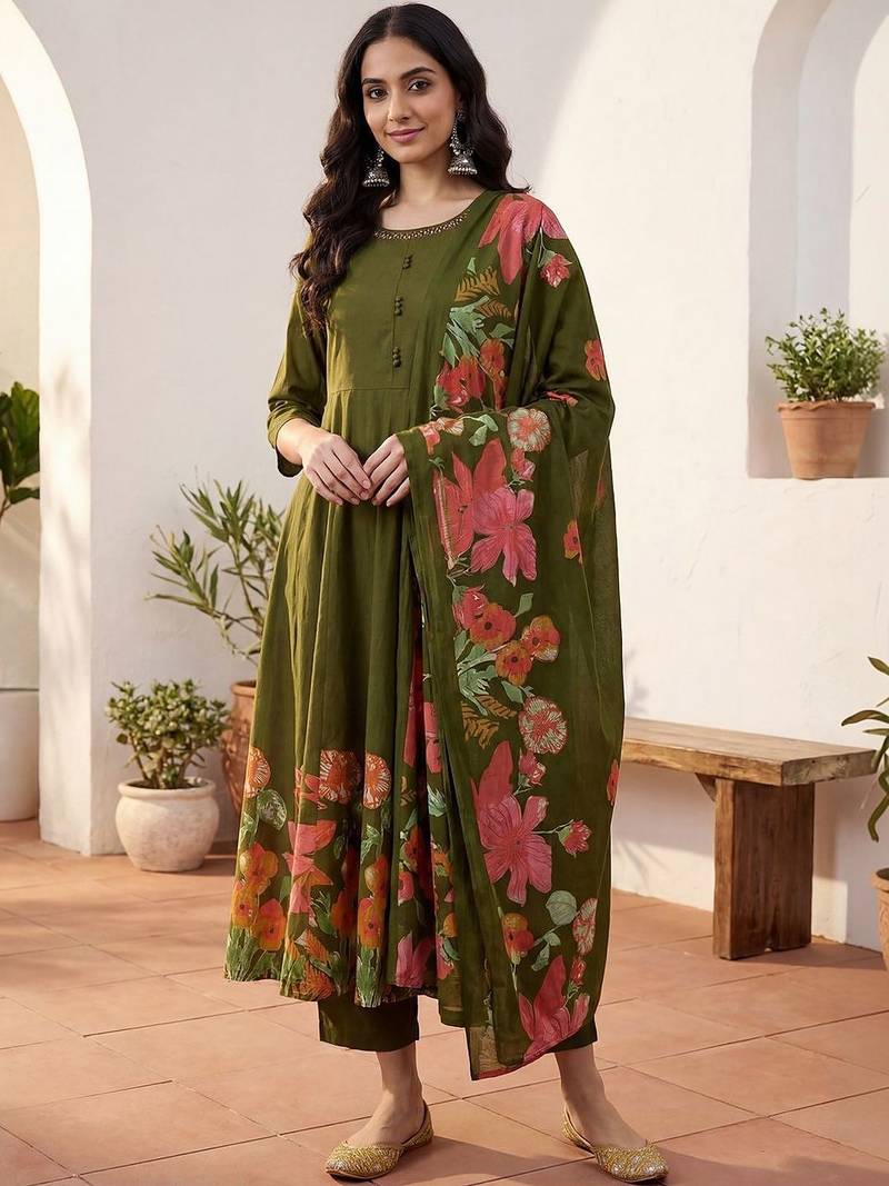 Women Floral Empire Thread Work Pure Cotton Kurta with Trousers & With Dupatta