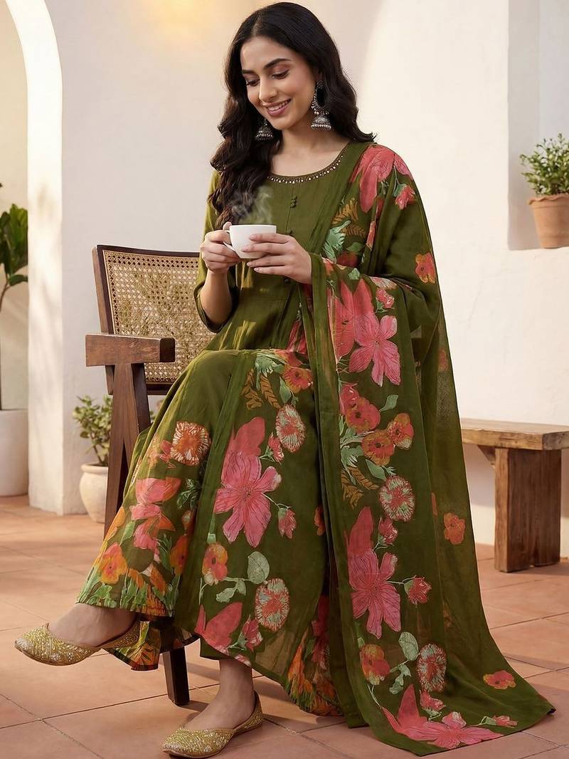 Women Floral Empire Thread Work Pure Cotton Kurta with Trousers & With Dupatta