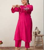 Plus Size Pink Embroidered Straight Kurta Trousers Set