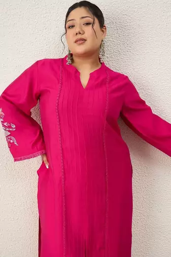 Plus Size Pink Embroidered Straight Kurta Trousers Set