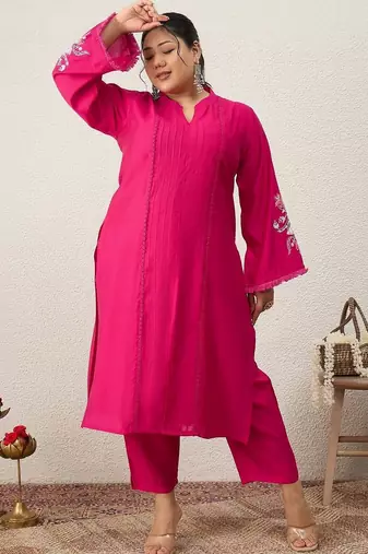 Plus Size Pink Embroidered Straight Kurta Trousers Set
