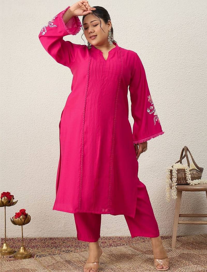 Plus Size Pink Embroidered Straight Kurta Trousers Set