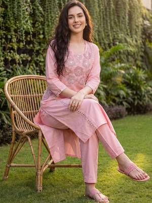 Women Floral Embroidered Regular Mirror Work Pure Cotton Kurta with Trousers 1