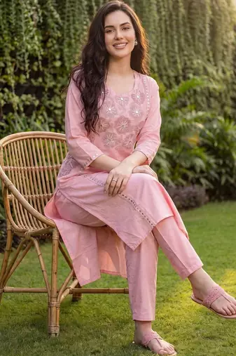 Women Floral Embroidered Regular Mirror Work Pure Cotton Kurta with Trousers