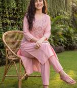 Women Floral Embroidered Regular Mirror Work Pure Cotton Kurta with Trousers