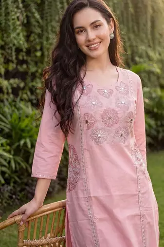 Women Floral Embroidered Regular Mirror Work Pure Cotton Kurta with Trousers