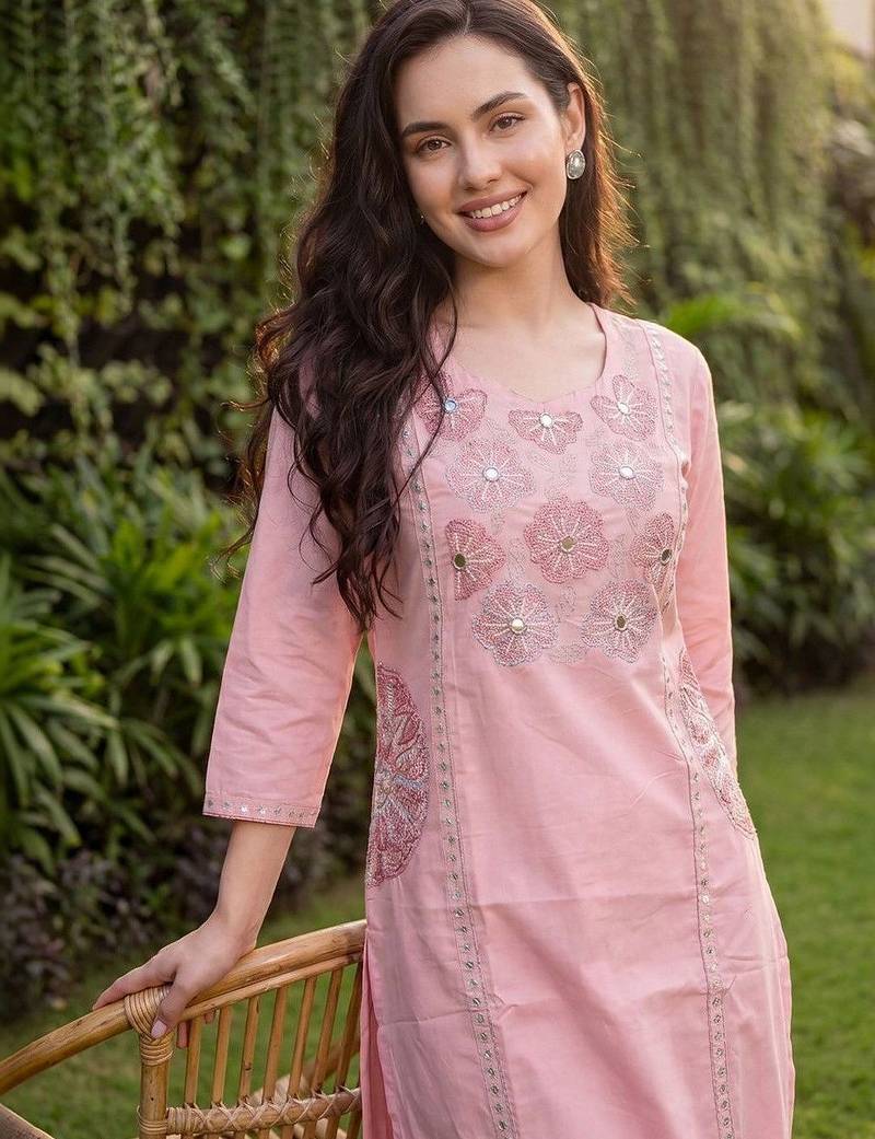 Women Floral Embroidered Regular Mirror Work Pure Cotton Kurta with Trousers