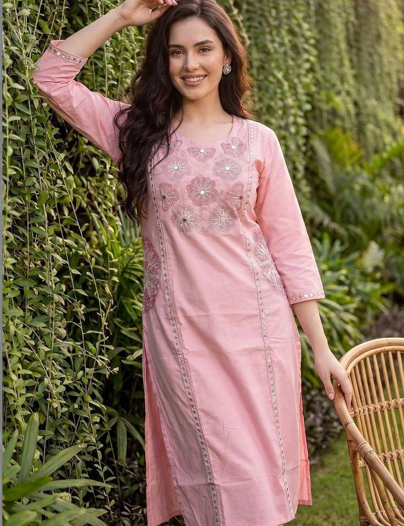 Women Floral Embroidered Regular Mirror Work Pure Cotton Kurta with Trousers