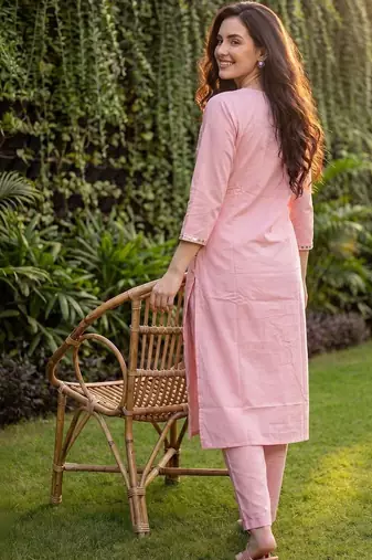 Women Floral Embroidered Regular Mirror Work Pure Cotton Kurta with Trousers
