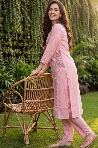 Women Floral Embroidered Regular Mirror Work Pure Cotton Kurta with Trousers