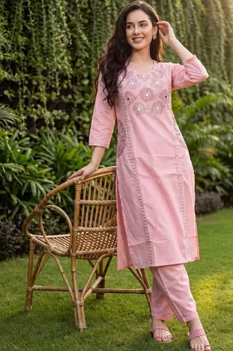 Women Floral Embroidered Regular Mirror Work Pure Cotton Kurta with Trousers