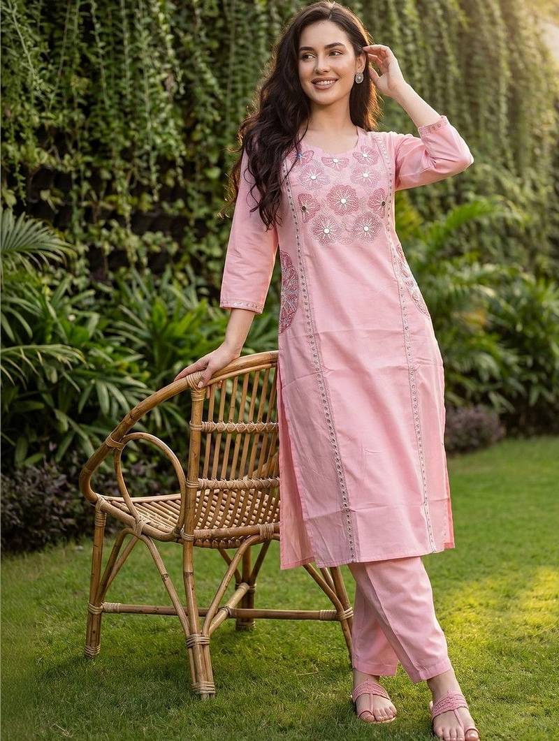 Women Floral Embroidered Regular Mirror Work Pure Cotton Kurta with Trousers