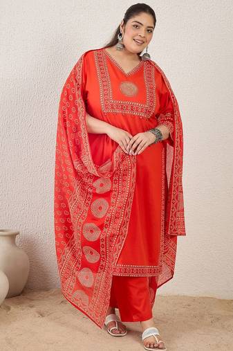 Plus Size Printed Regular Pure Cotton Kurta with Trousers & With Dupatta
