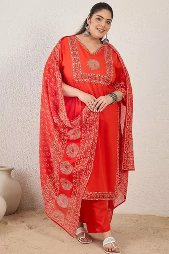 Plus Size Printed Regular Pure Cotton Kurta with Trousers & With Dupatta