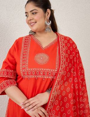 Plus Size Printed Regular Pure Cotton Kurta with Trousers & With Dupatta 2