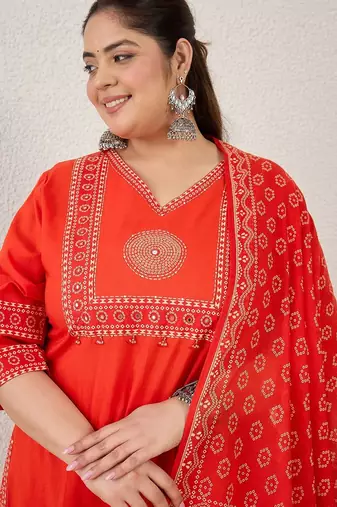 Plus Size Printed Regular Pure Cotton Kurta with Trousers & With Dupatta