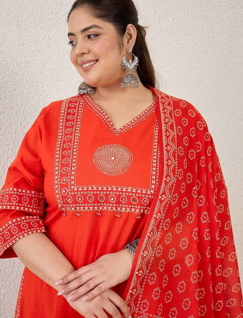 Plus Size Printed Regular Pure Cotton Kurta with Trousers & With Dupatta