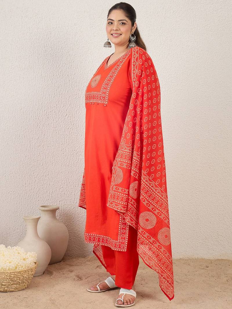 Plus Size Printed Regular Pure Cotton Kurta with Trousers & With Dupatta