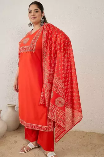 Plus Size Printed Regular Pure Cotton Kurta with Trousers & With Dupatta
