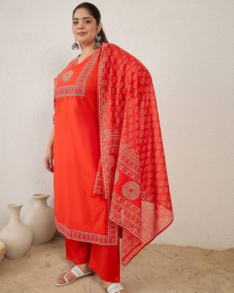 Plus Size Printed Regular Pure Cotton Kurta with Trousers & With Dupatta