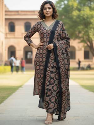 Women Ethnic Motifs Printed Regular Thread Work Pure Cotton Kurta with Trousers & With Dupatta 1