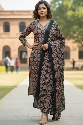 Women Ethnic Motifs Printed Regular Thread Work Pure Cotton Kurta with Trousers & With Dupatta